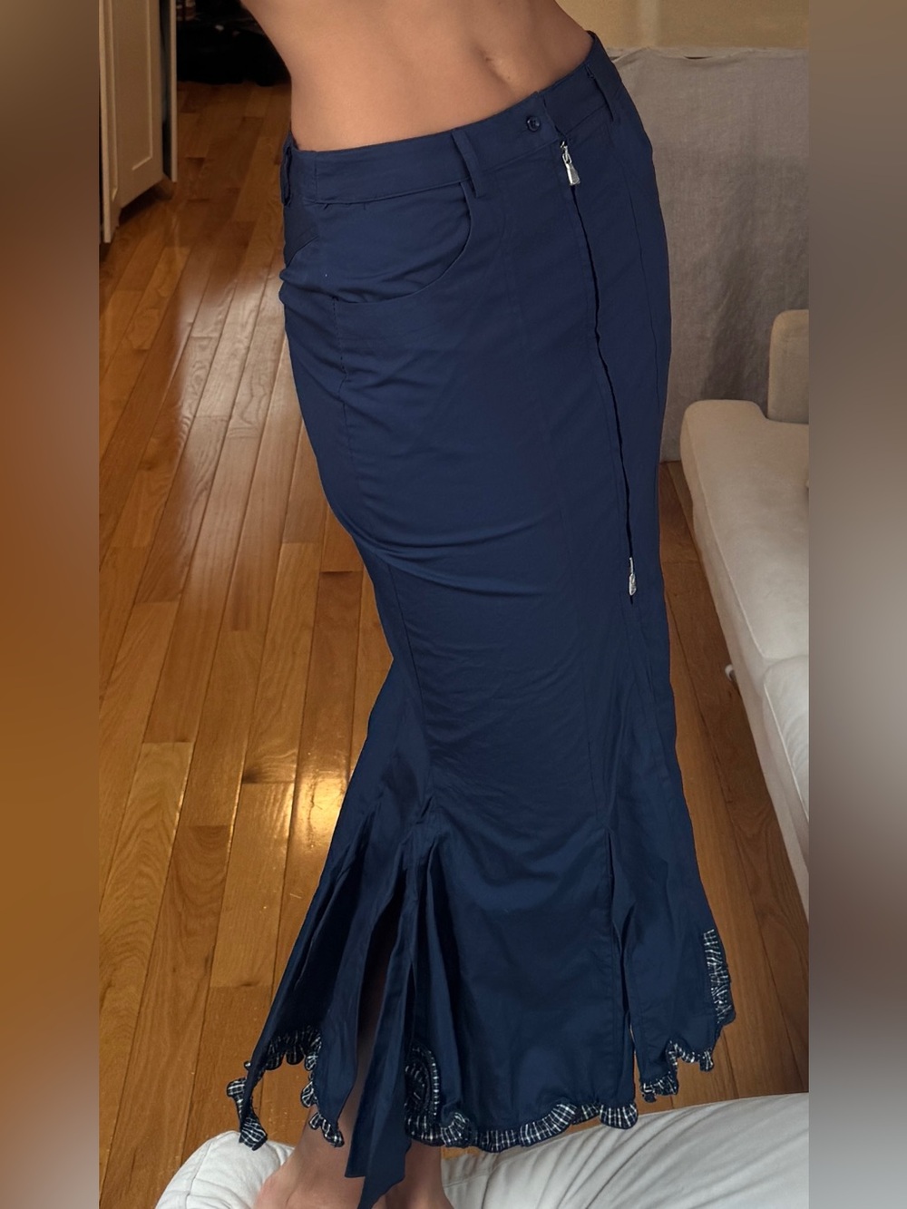 Navy Mermaid Flared Midi Skirt with Ruffle Hem